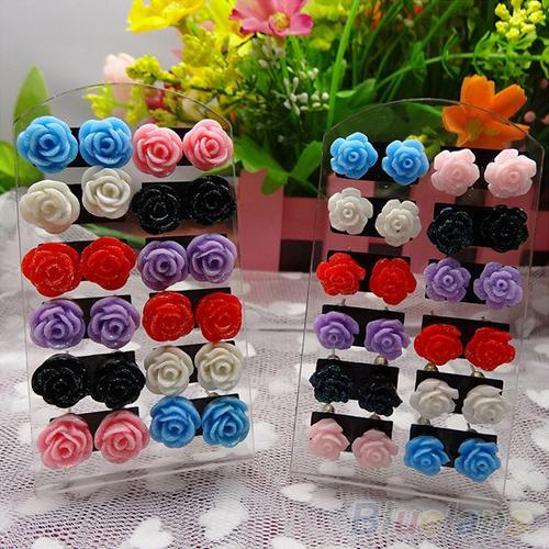 12 Pairs Rose Flower Stud Earring Mixed Color Flower Wholesale Lot Nickel Free 06ZG