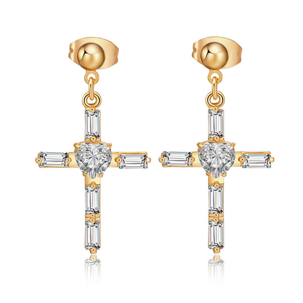 New Fashion American and European Hot Selling Austria Sparky Clear CZ Cross Earrings Stud Cross Style Women Earrings Studs for Valentine Day