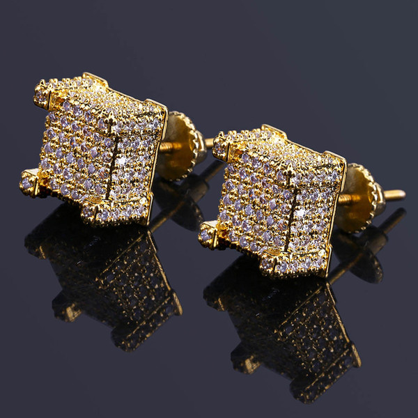 High Quality Fashion Men HipHop Full Cubic Zirconia Stud Earrings Copper Blingbling Cz Gold Color Earrings Women Zircon Hip hop Rock Jewelry