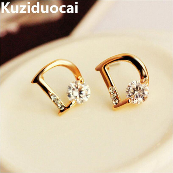 2018 New Hot ! Super Fashion Fine Jewelry Sparkling Gold Color Zircon Letter D Individuality Stud Earrings For Women Gifts E-21