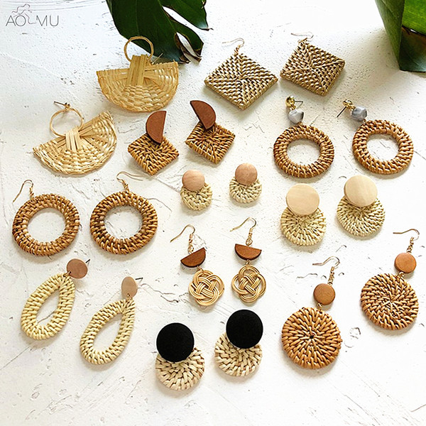 AOMU 2018 New Korea Handmade Wooden Straw Weave Rattan Vine Braid Geometric Big Circle Square Long Drop Earrings For Women Girl