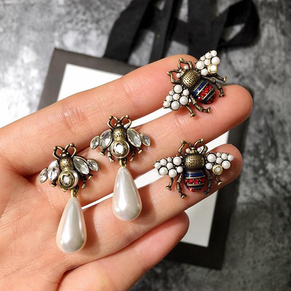 Designer Bee stud Earrings for Women Luxury Brand Vintage Pearl Copper Bee Style Earring Jewelry Gifts