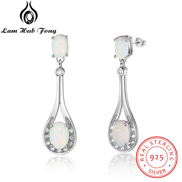 Women 925 Sterling Silver Water Drop Earrings With Oval White Opal & Cubic Zirconia Elegant Gift For Girlfriend (Lam Hub Fong)