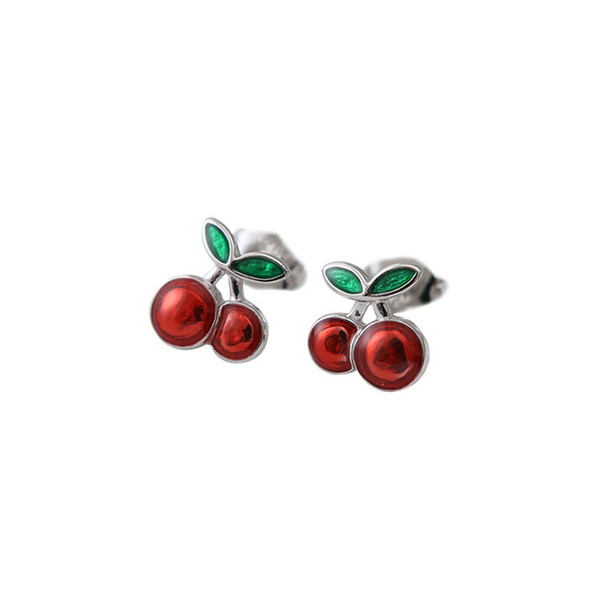 Red Enamel Cherry 925 Sterling Silver Stud Earrings