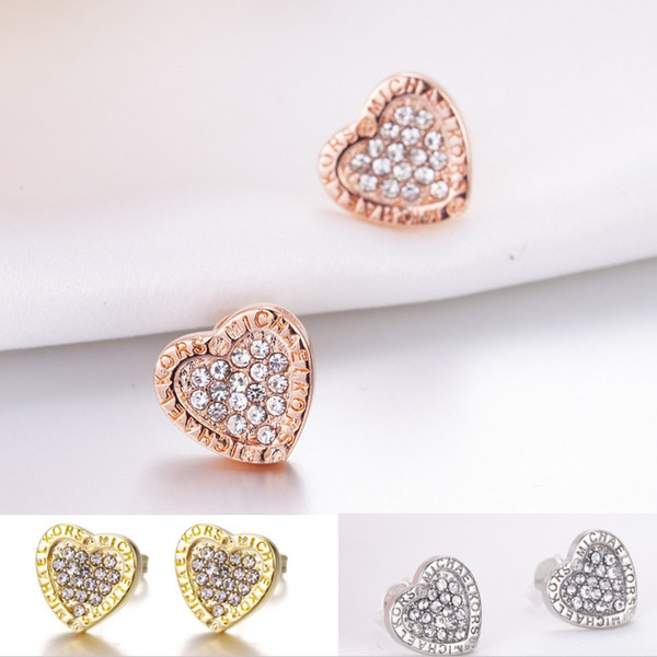 Fashion Heart Shape Gem Diamond Stud Earrings for Womens Luxury Jewelry Gift Rose Gold Silver Earrings