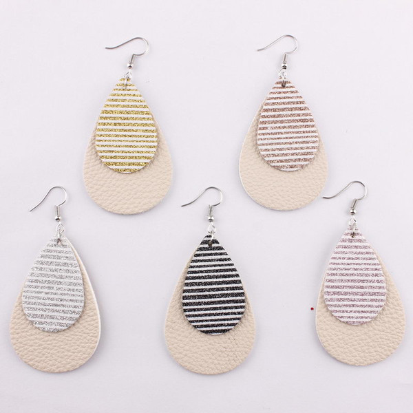 Glitter Stripes 2 Layers Teardrop Leather Dangle Drop Statement Earrings for Women Bohemia Faux Leather Teardrop Earrings