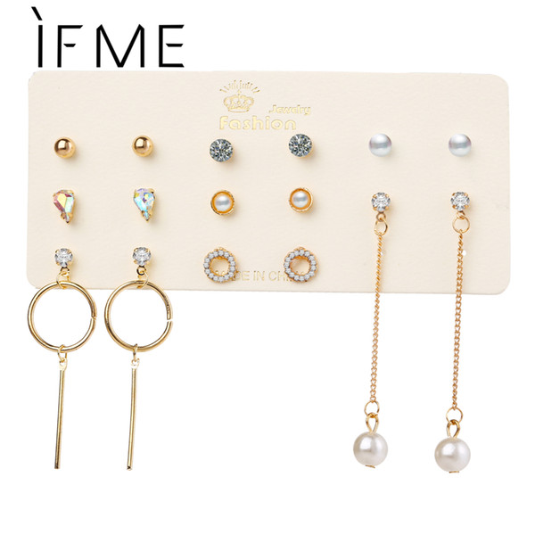 IF ME Fashion Crystal Stud Earrings Set for Women Trendy Gold Color Geometric Round Simulated Pearl Hang Brinco Jewelry 2018 NEW