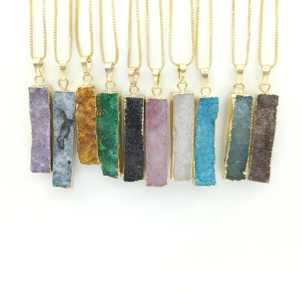 JLN Geode Druzy Long Bar Long Rectangle Agate Pendant Genuine Gemstone Natural Agate Pendant With Brass Chain Necklace