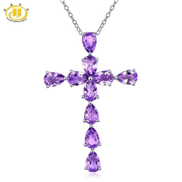 Hutang Stone Jewelry 3.3CTW Natural African Amethyst Solid 925 Sterling Silver Crosss Pendant Necklace Gemstone Fine Jewelry New