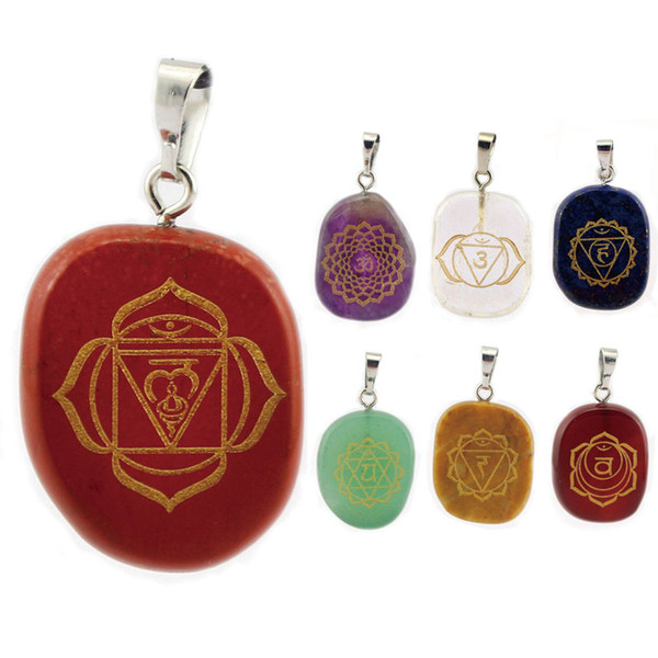 JLN Seven Chakra Engraving Pendant Chakela Gemstone Healing Health Amulet Energy Amethyst Jade Agate Necklace With 18 Inches Brass Chain