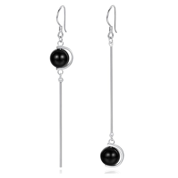 Wholesale Asymmetric Long Earrings 100% 925 Sterling Silver Drop Earrings Silver Jewelry with Onyx