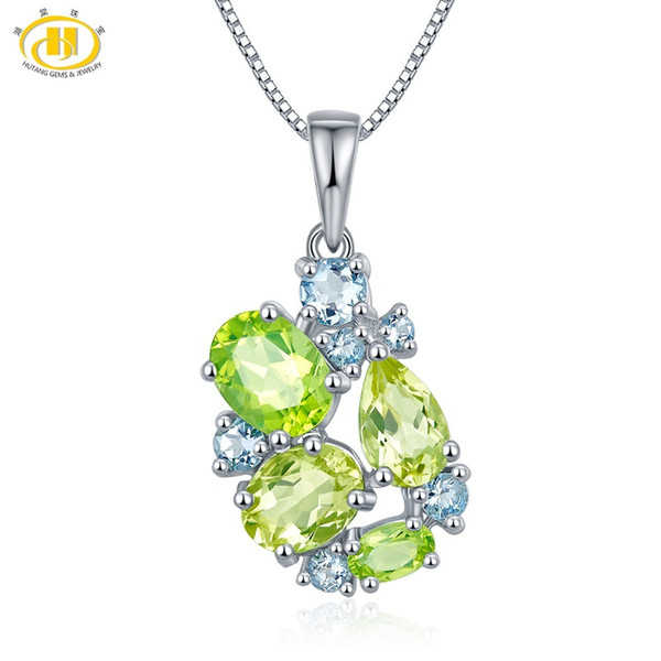 Hutang Gemstone Jewelry Real Peridot Lemon Quartz Aquamarine Solid 925 Sterling Silver Pendant Necklace Fine Fashion Jewelry