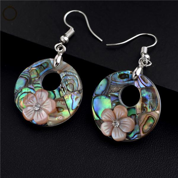 gemstone earring circle round abalone shell earring peacock colors natural paua shell summer jewelry pink flowers bohemian