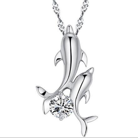 JLN Cute 925 Sterling Silver Dancing Double Dolphin AAA Cubic Zircon Pendant Necklace With Twisted Chain For Women