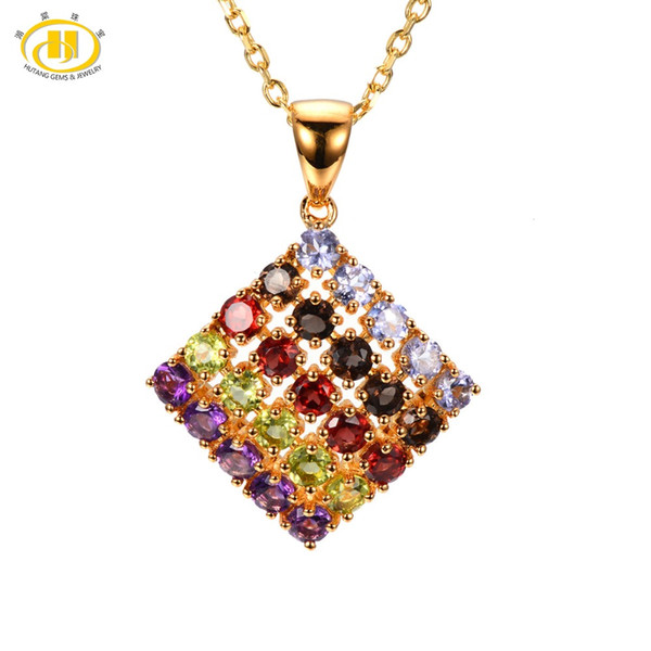 Hutang Stone Jewelry Multi Color Gemstone Tanzanite Quartz Garnet Peridot Amethyst Solid 925 Sterling Silver Pendant Necklace