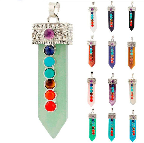 JLN Seven Chakra Sword Pendant Carved Sword Point Reiki Yoga Healing Amulet Energy Stone Necklace With 18 Inches Brass Chain