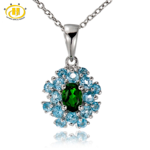 1.54 Carats Chrome Diopside & Blue Topaz 925 Sterling Silver Pendant Necklace Women HuTang Jewelry Gift 18