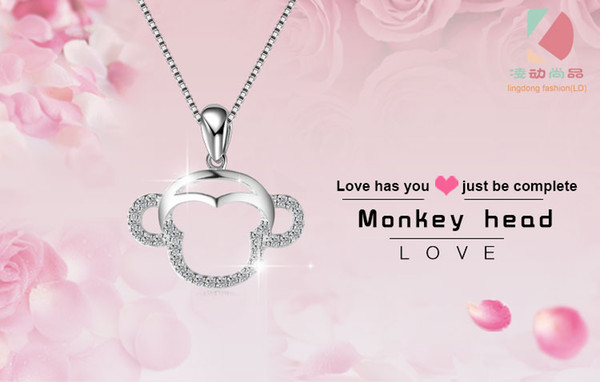 lingdong fashion monkey head pendant 2016 new 925 Sterling Silver Chain Necklace Jewelry box gift for Valentine's Day Free shipping