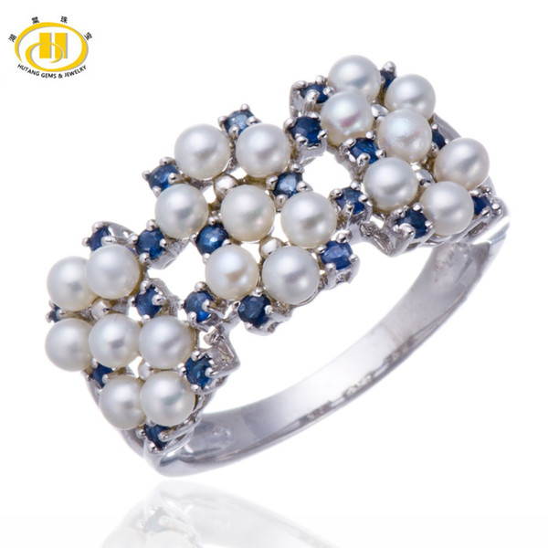 Hutang Natural Freshwater Pearl and Blue Sapphire Solid Sterling Silver 925 Ring Women's Fine Jewelry Anniversary Gift