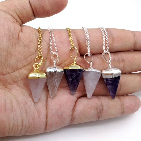 JLN Quartz Hexagonal Prism Pendant Gemstone Pink Quartz Amethyst Stone Pendant With Brass Chain Necklace Gift For Man And Woman