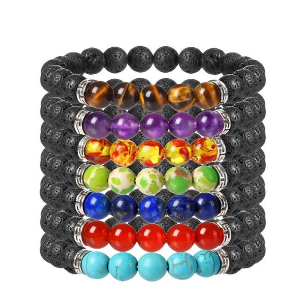 JLN Power Beads Seven Chakra Bracelet Black Lava Stone Yoga Bead Bracelets For Men Women Jewelry Rope Chain Strand Bracelet