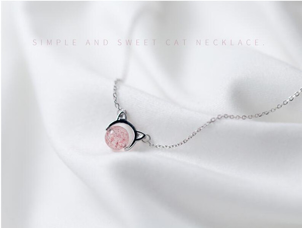 Sweet Cat Silver Necklace 925 Sterling Silver Pendants Necklaces Chain with Pink Strawberry Crystal Stonel yh5018