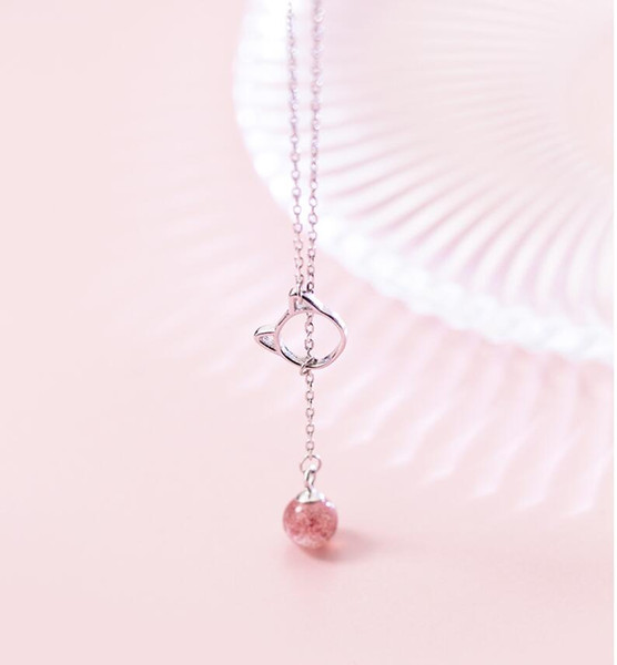 Wholesale Sweet Cat Silver Necklace 925 Sterling Silver Pendants Necklaces Chain with Pink Strawberry Crystal Stone yh5019