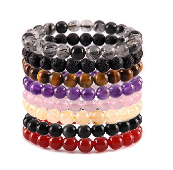 JLN Stone Power Beads Bracelet Quartz Amethyst Tiger Eye Agate Jasper Stone Stretched Rope Bracelets For Men Women Jewelry