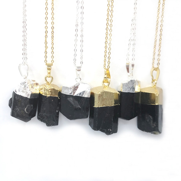 JLN Irregular Black Tourmaline Pendant Gold Silver Plated Rough Jet Stone Brass Chain Necklace Gift For Men Women