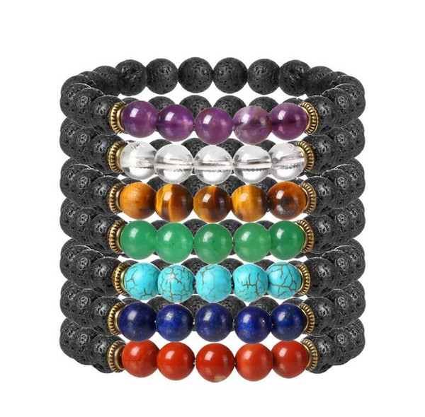 JLN Lava Power Beads Bracelet Yoga Energy Stone lapislazuli Ojo de tigre Seven Chakra Gemstone Beaded Stretch Bracelet For Man Woman Gift