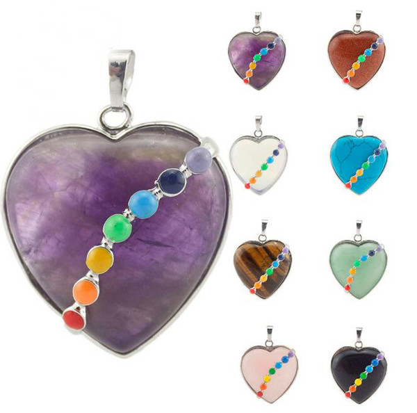 JLN Heart Seven Chakra Pendant Yoga Healing Semi Precious Stone Crystal Onyx Turquoise Necklace With 18 Inches Brass Chain