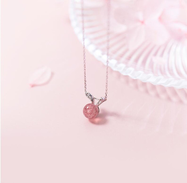 Wholesale Rabbit Necklace 925 Sterling Silver Pendants Necklaces Chain with Pink Strawberry Crystal Stone yh5024