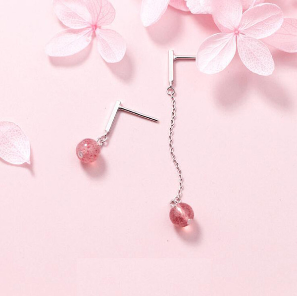 Fine Jewelry Asymmetric Earrings 100% Real 925 Sterling Silver Drop Earrings with Pink Strawberry Crystal Stone Silver Earrings yh5105