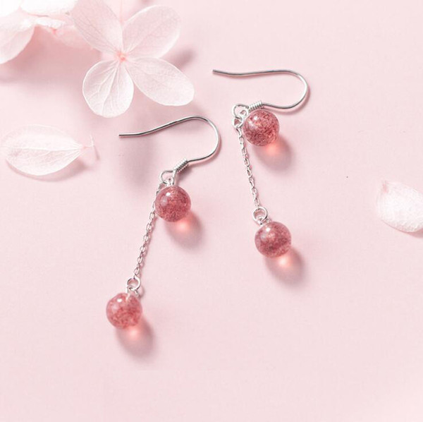 Fine Jewelry Drop Earrings 100% Real 925 Sterling Silver Drop Earrings with Pink Strawberry Crystal Stone Silver Earrings yh5100