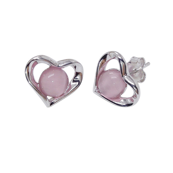 Fine Jewelry Silver Heart Earrings 100% Real 925 Sterling Silver Stud Earrings With Pink Opal Stone YH1018-1