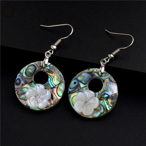 gemstone earring circle round blue green real abalone paua shell white flower ocean theme bohemian jewelry