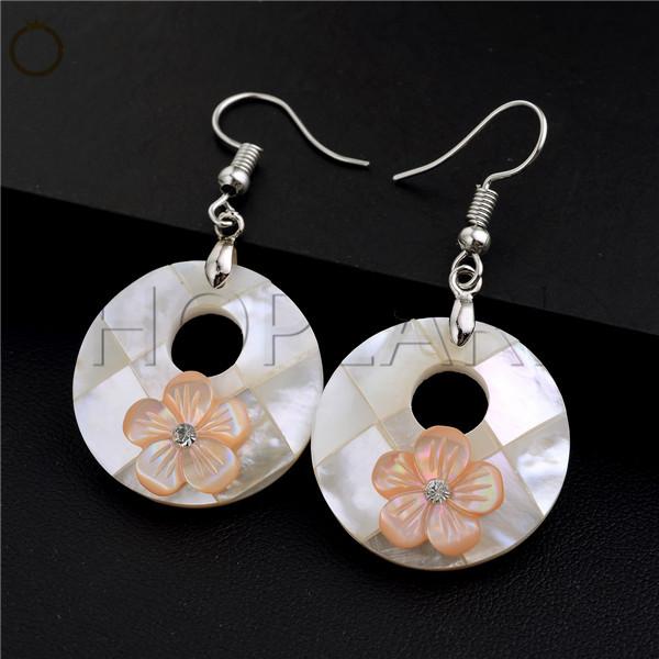 gemstone earring circle round white shell pink flowers bohemian jewelry natural shell earrings for women girls