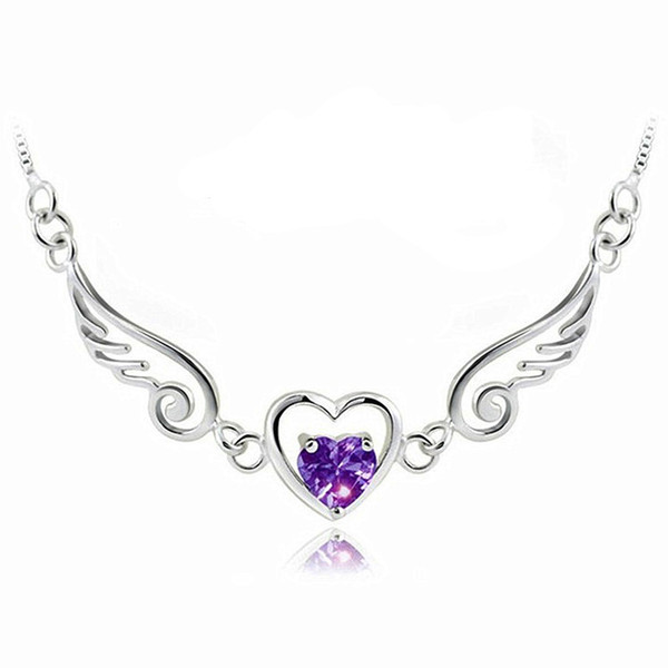 2017 new brand S925 standard silver Purple Heart Pendant Angel Wings Sets of chains Clavicle necklace free shipping