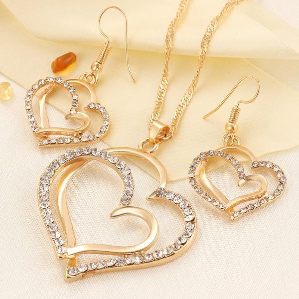 Luxury Wedding Necklace and Earring Set Fashion Gold Silver Crystal Charm Heart Jewelry