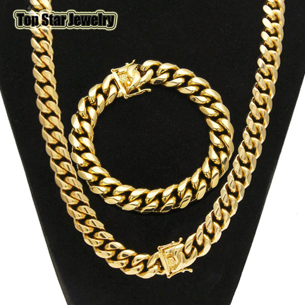 High Quality Stainless Steel Jewelry Sets 18K Gold Plated Dragon Latch Clasp Cuban Link Necklace & Bracelets For Mens Curb Chain 1.5cm Wide