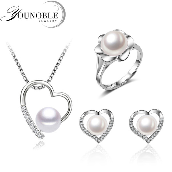 Real 925 silver earring necklace 45cm adjustable ring pearl sets women,wedding girl natural freshwater pearl jewelry sets bridal