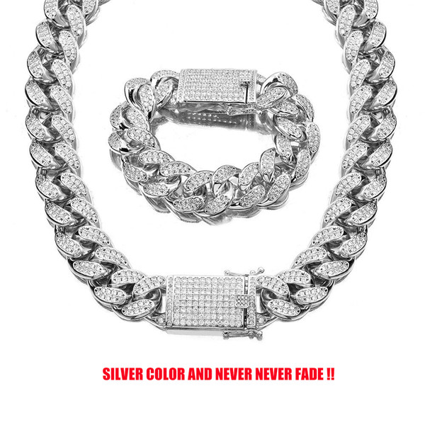 18mm Never Fade Silver Stainless Steel AAA Rhinestone Cuban Necklace Bracelets Set Men Hip Hop Bling Iced Out Link Chain Jewelry