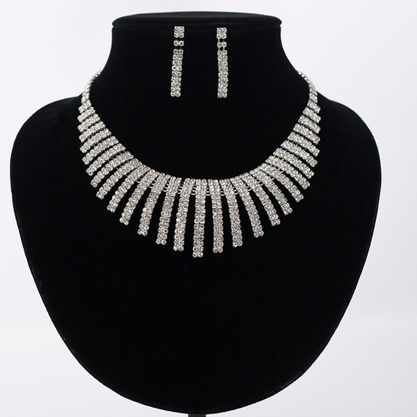 Hot Sale Sliver Plated Rhinestone Crystal Necklace+Earrings two pcs Jewelry Set For Bride Bridal Wedding Accessories