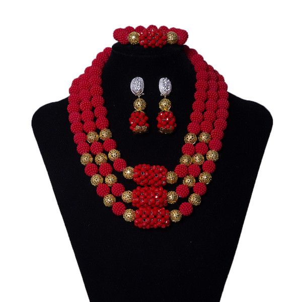 3 Rows Red and Gold Wedding Bridesmaid Crystal African Beads Jewelry Set Women Bridal Clothing Necklace Nigerian Wedding Beads