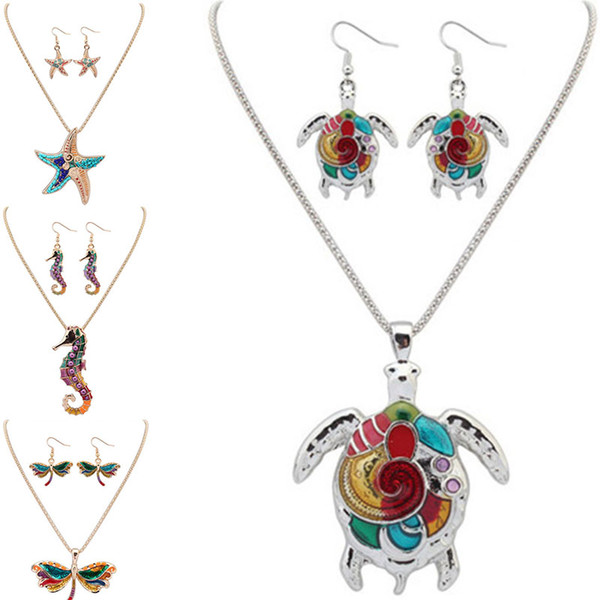 Maxi Statement Choker Rainbow turtle starfish dolphin dragonfly Hippocampus Necklace earring set Collar Pendant Fashion New Enamel Jewelry