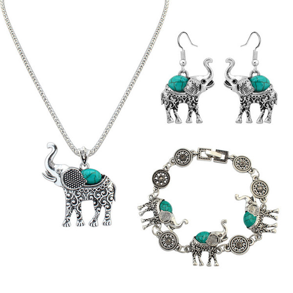 Jewelry Set 3 Pieces Jewelry Set Elephant Fashion silver Creative Necklace Set Retro Imitation Turquoise Jewelry