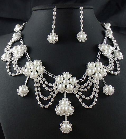 Gorgeous Crystals Rhinestone&Pearl Silver Beautiful Flower Earrings Necklace Wedding Jewelry Set Bridal Accessories