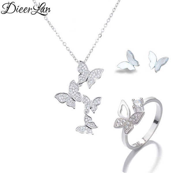 925 Sterling Silver Long Butterfly Necklaces Pendant Butterfly Earrings Rings Jewelry Sets for Women sterling-silver-jewelry