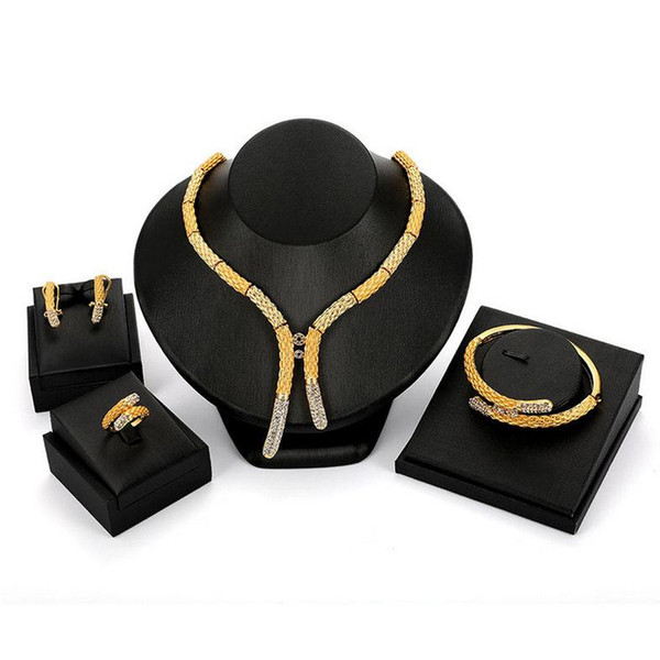 Wholesale Jewelry Set Luxury Women Rhinestone 18K Gold Plated Geometric Africa Style Necklace Rings Earirngs Bracelet 4-Piece Set JS509