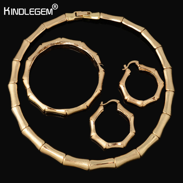 Kindlegem Fashion Bamboo Shape African Beads Jewelry Set Exquisite Flash Gold Color Nigerian Wedding Bridal Cheap Wholesale